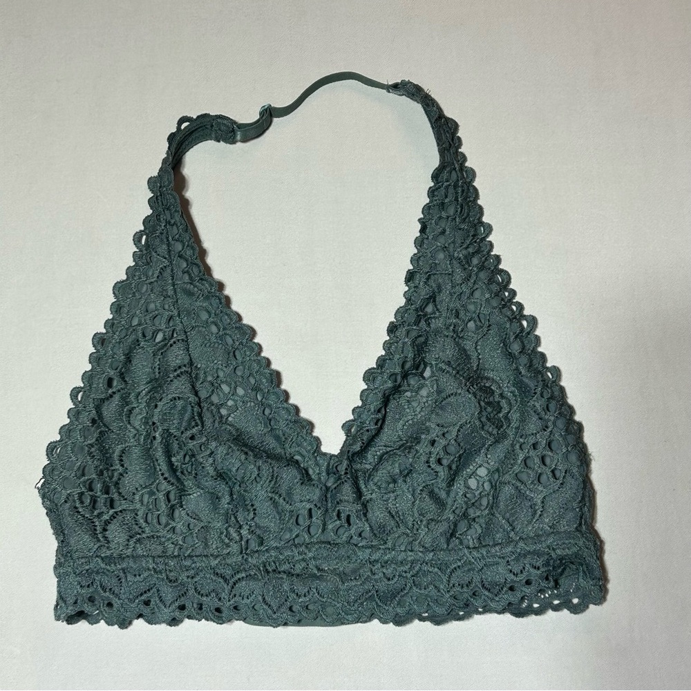 Aerie Bralette Floral Lace Halter Green Wireless Adjustable Straps Boho Size XS